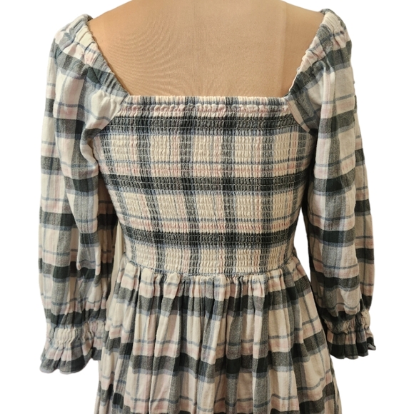 MADEWELL "Lucie" Cotton Elbow-Sleeve Smocked Mini Dress in Lebaum Plaid - Size S - Picture 11 of 14